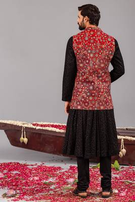 Black georgette embroidered anarkali jacket set for mens 4