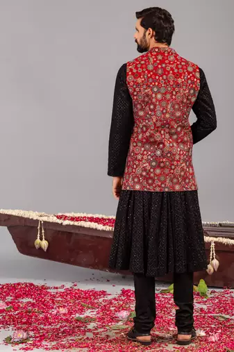 Black georgette embroidered anarkali jacket set for mens