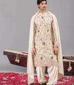 Ivory georgette embroidered kurta set for mens