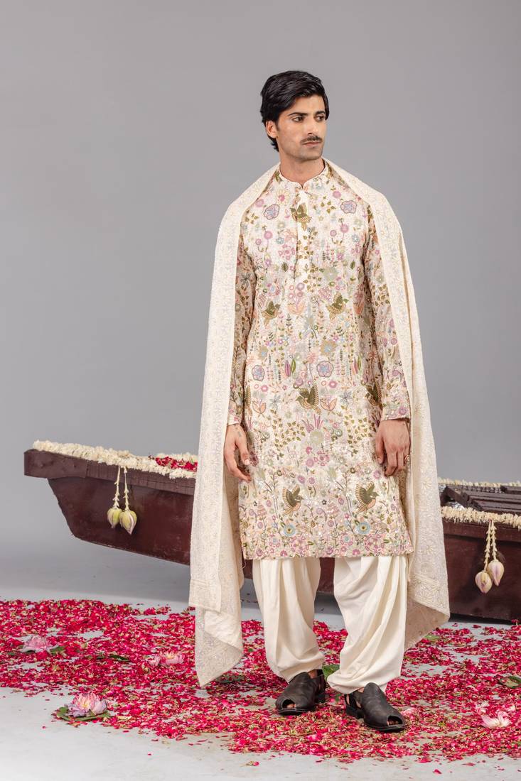 Ivory georgette embroidered kurta set for mens