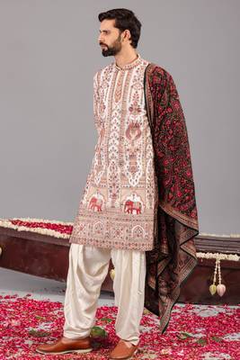 Ivory georgette embroidered kurta set for mens 3