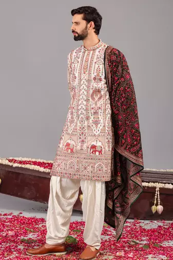 Ivory georgette embroidered kurta set for mens