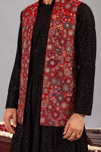 Black georgette embroidered anarkali jacket set for mens