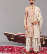 Beige georgette embroidered kurta set for mens