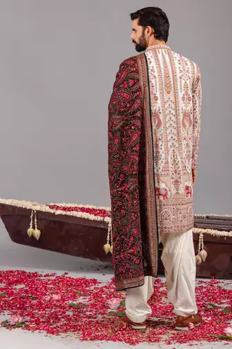 Ivory georgette embroidered kurta set for mens