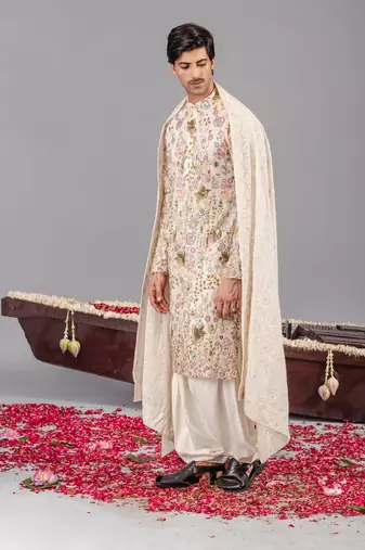 Ivory georgette embroidered kurta set for mens