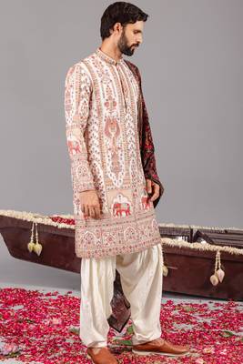 Ivory georgette embroidered kurta set for mens 5