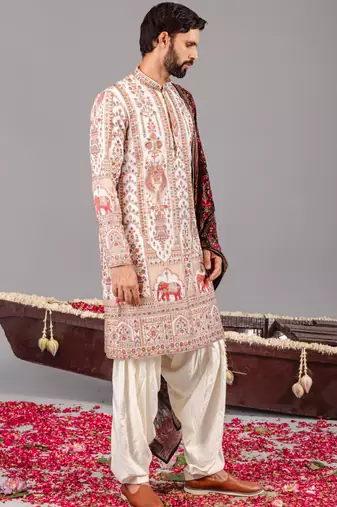 Ivory georgette embroidered kurta set for mens