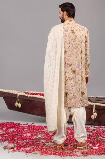 Beige georgette embroidered kurta set for mens