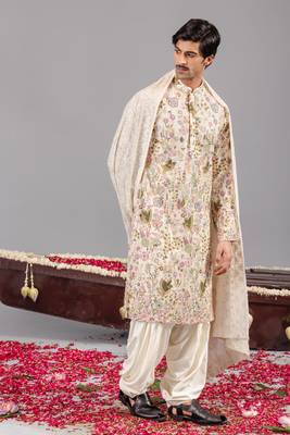 Ivory georgette embroidered kurta set for mens 3