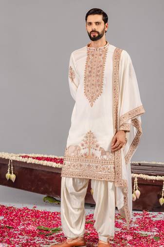 Cream georgette embroidered kurta set for mens