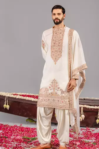 Cream georgette embroidered kurta set for mens