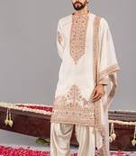 Cream georgette embroidered kurta set for mens