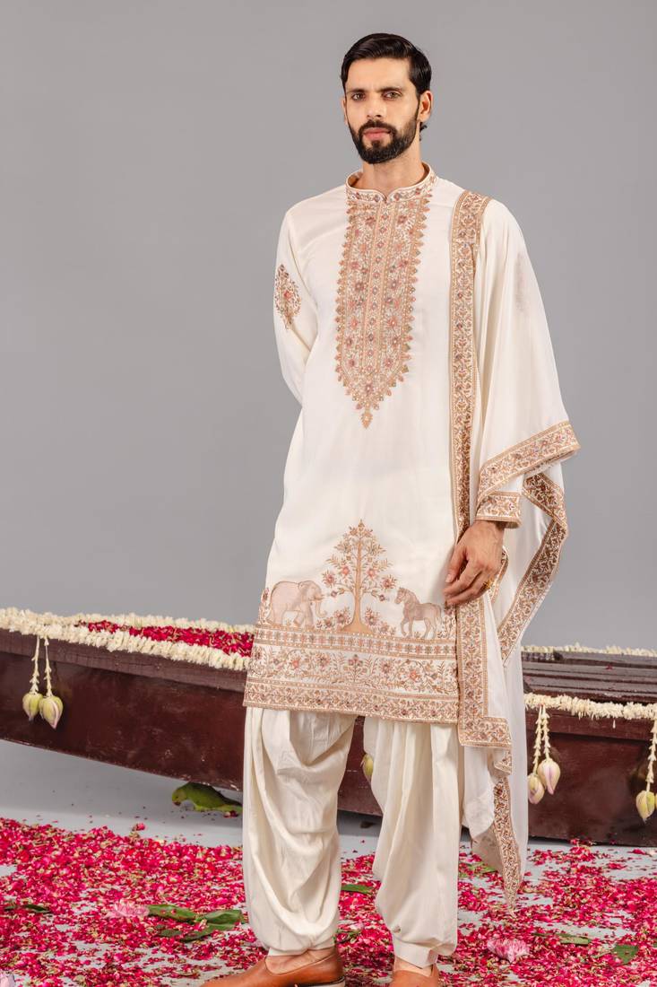 Cream georgette embroidered kurta set for mens