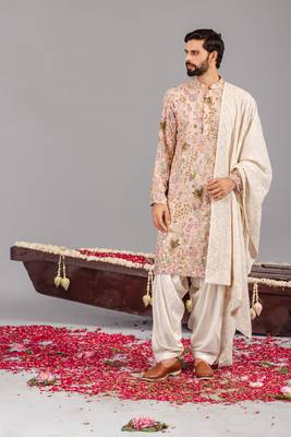 Beige georgette embroidered kurta set for mens 3
