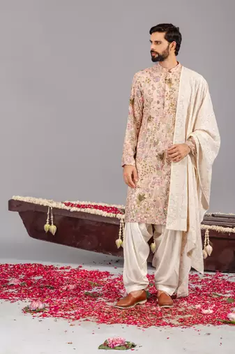 Beige georgette embroidered kurta set for mens