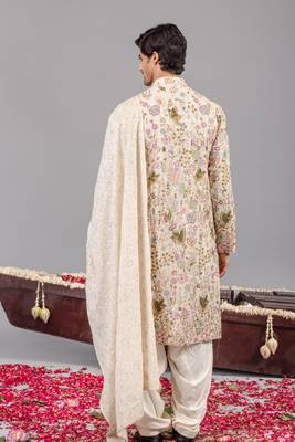Ivory georgette embroidered kurta set for mens 4