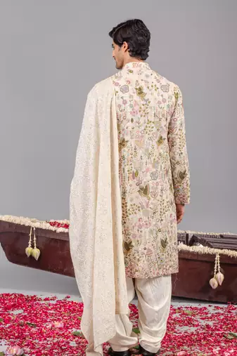 Ivory georgette embroidered kurta set for mens