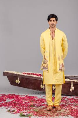 Yellow georgette embroidered linen kurta jacket set for mens 1
