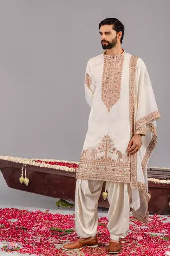 Cream georgette embroidered kurta set for mens