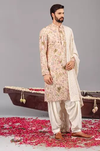 Beige georgette embroidered kurta set for mens