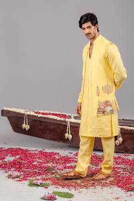 Yellow georgette embroidered linen kurta jacket set for mens 2