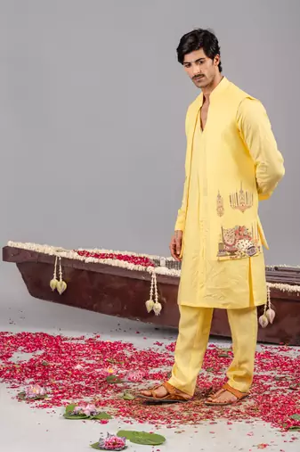 Yellow georgette embroidered linen kurta jacket set for mens