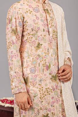 Beige georgette embroidered kurta set for mens 5
