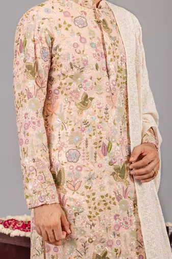 Beige georgette embroidered kurta set for mens