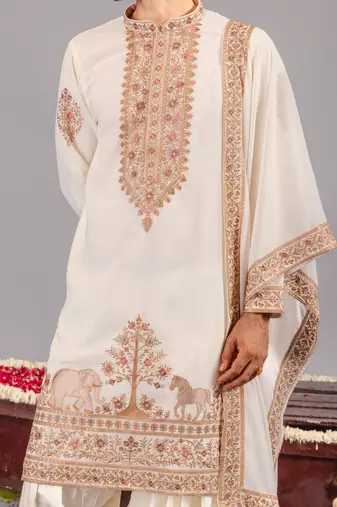 Cream georgette embroidered kurta set for mens