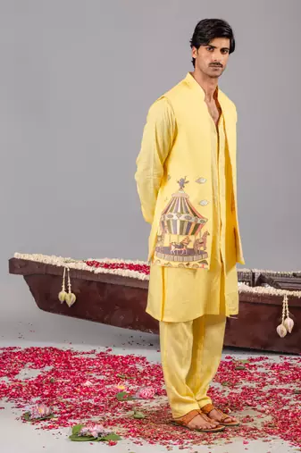 Yellow georgette embroidered linen kurta jacket set for mens