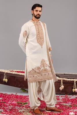 Cream georgette embroidered kurta set for mens 4