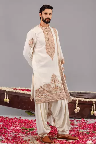 Cream georgette embroidered kurta set for mens
