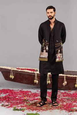 Black georgette embroidered linen kurta jacket set for mens 1