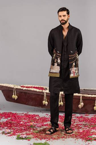 Black georgette embroidered linen kurta jacket set for mens