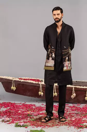 Black georgette embroidered linen kurta jacket set for mens