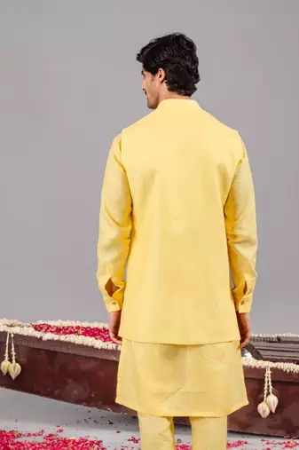 Yellow georgette embroidered linen kurta jacket set for mens