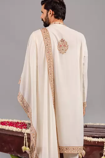 Cream georgette embroidered kurta set for mens