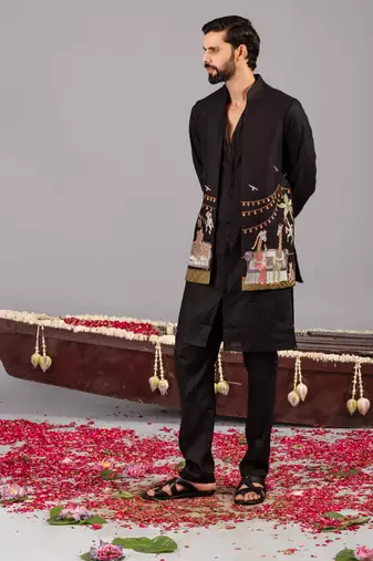 Black georgette embroidered linen kurta jacket set for mens