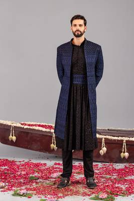 Blue georgette embroidered sherwani set for mens 1