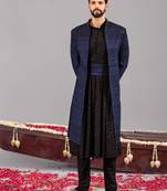Blue georgette embroidered sherwani set for mens