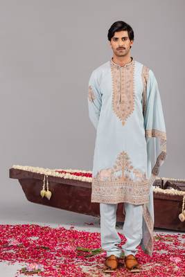 Sky blue georgette embroidered kurta set for mens 1