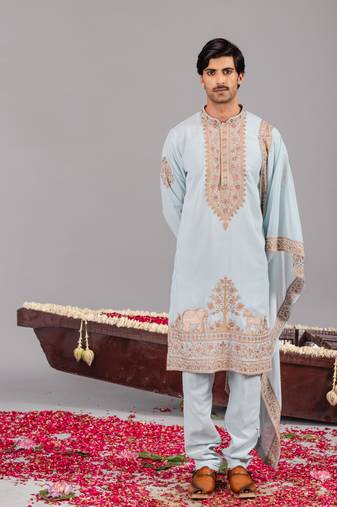 Sky blue georgette embroidered kurta set for mens