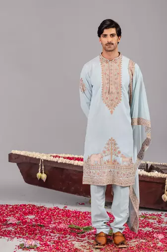 Sky blue georgette embroidered kurta set for mens