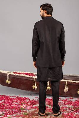 Black georgette embroidered linen kurta jacket set for mens 3