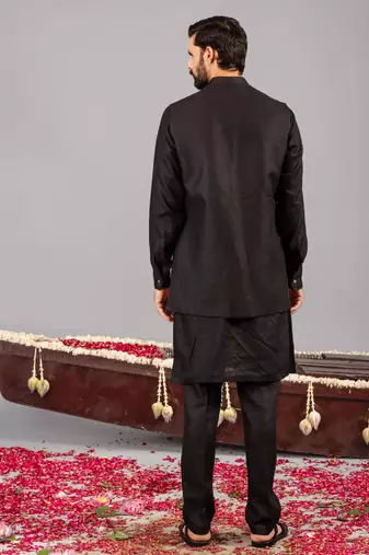 Black georgette embroidered linen kurta jacket set for mens