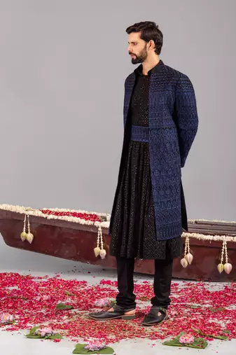 Blue georgette embroidered sherwani set for mens