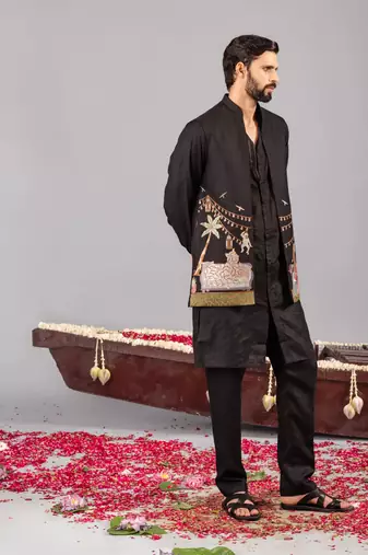 Black georgette embroidered linen kurta jacket set for mens