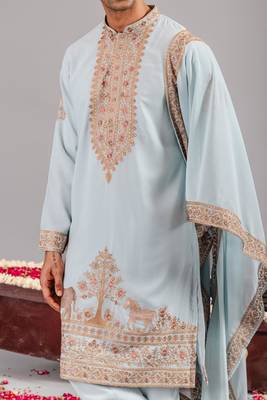 Sky blue georgette embroidered kurta set for mens 2