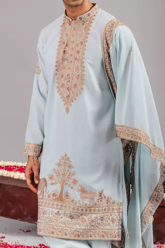 Sky blue georgette embroidered kurta set for mens